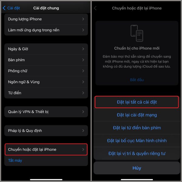 Chọn Đặt lại tất cả cài đặt
